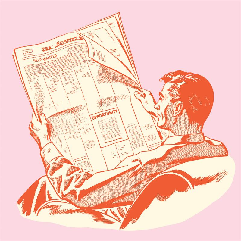 Man reading newspaper on a light pink background